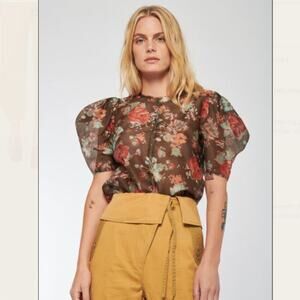 NEW Ulla Johnson Sz 2 Lise Bouquet Print Organza Top In Brown